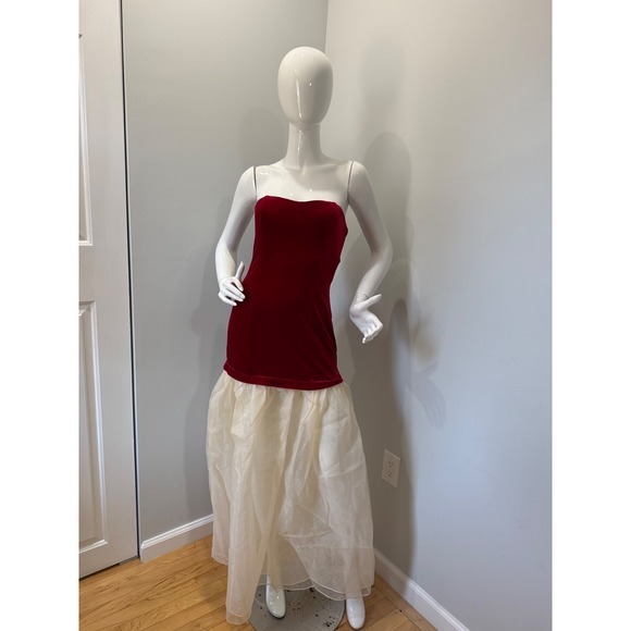 Commense Semi-Sheer‎  Velvet Strapless Red Corset Tulle Dress Formal Party Prom - Picture 2 of 8